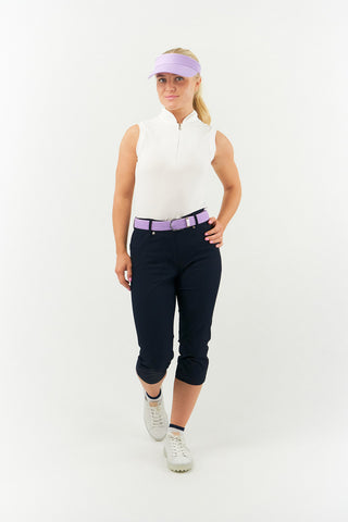 Lilac  stretch webbing Ladies Golf Belt comes with hand enamelled silver buckle with a embossed lady golfer in the belt colour . The belts have a stretch fit for comfort and will compliment or add a splash of colour to your outfit. One Size 8 -16  and 100% Cotton with PU tip.