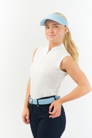 Pale Blue ladies golf visor constructed with quick-drying fabrics. The visor comes in a one size fits all design with an elasticated cord at the rear to hold it securely in place. It also features a concealed magnet  in peak with a hand enamelled lace golf ball marker attached, making it a lovely golf accessory, golf gift! The headband features a soft lined absorbent towel. 