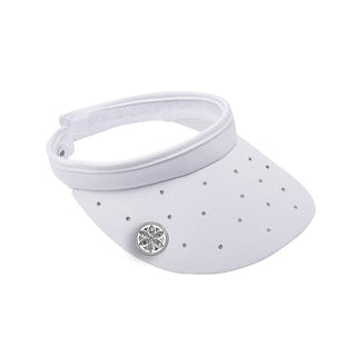 White Clip ladies golf visor,  100% polyester with quick-drying fabrics. The visor comes in a one size fits all design which clips around your head to hold it securely in place. It features a concealed magnet in in the strong curved, crystal detailed peak with a hand enameled flower look golf ball marker attached.  The headband features a soft lined absorbent towel.