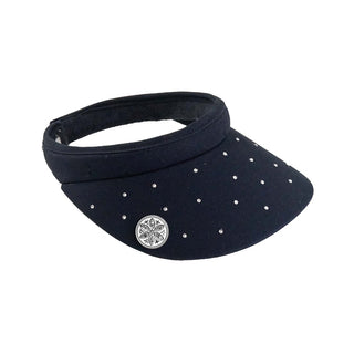 Navy Clip ladies golf visor,  100% polyester with quick-drying fabrics. The visor comes in a one size fits all design which clips around your head to hold it securely in place. It features a concealed magnet in in the strong curved, crystal detailed peak with a hand enameled flower look golf ball marker attached.  The headband features a soft lined absorbent towel.