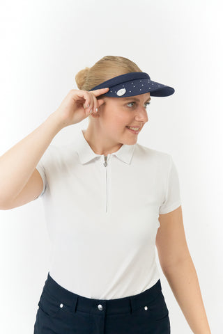 Navy Clip ladies golf visor,  100% polyester with quick-drying fabrics. The visor comes in a one size fits all design which clips around your head to hold it securely in place. It features a concealed magnet in in the strong curved, crystal detailed peak with a hand enameled flower look golf ball marker attached.  The headband features a soft lined absorbent towel.