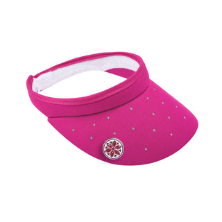 Pink Clip ladies golf visor,  100% polyester with quick-drying fabrics. The visor comes in a one size fits all design which clips around your head to hold it securely in place. It features a concealed magnet in in the strong curved, crystal detailed peak with a hand enameled flower look golf ball marker attached.  The headband features a soft lined absorbent towel.