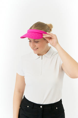 Pink Clip ladies golf visor,  100% polyester with quick-drying fabrics. The visor comes in a one size fits all design which clips around your head to hold it securely in place. It features a concealed magnet in in the strong curved, crystal detailed peak with a hand enameled flower look golf ball marker attached.  The headband features a soft lined absorbent towel.