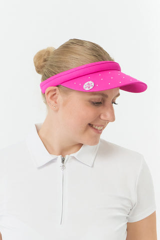 Pink Clip ladies golf visor,  100% polyester with quick-drying fabrics. The visor comes in a one size fits all design which clips around your head to hold it securely in place. It features a concealed magnet in in the strong curved, crystal detailed peak with a hand enameled flower look golf ball marker attached.  The headband features a soft lined absorbent towel.