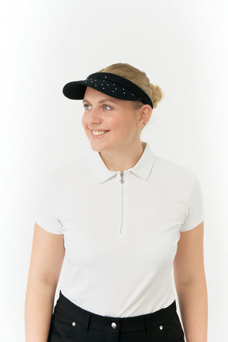 Black Clip ladies golf visor,  100% polyester with quick-drying fabrics. The visor comes in a one size fits all design which clips around your head to hold it securely in place. It features a concealed magnet in in the strong curved, crystal detailed peak with a hand enameled flower look golf ball marker attached.  The headband features a soft lined absorbent towel.