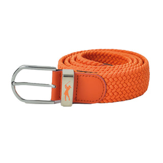 Orange stretch webbing Ladies Golf Belt comes with hand enamelled silver buckle with a embossed lady golfer in the belt colour . The belts have a stretch fit for comfort and will compliment or add a splash of colour to your outfit. One Size 8 -16 . 3.5cm wide and 100% Cotton with PU tip.