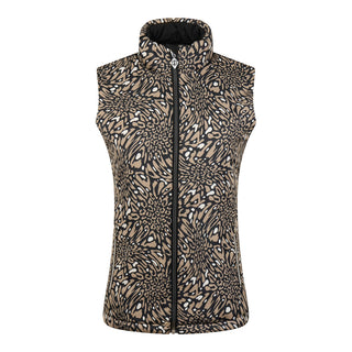 The Pure Golf Eve reversible ladies gilet for golf is insulated, winter-weight, patterned and reversible. It has been Insulated for warmth without being bulky. It has a unique animal print in wild truffle,  on one side and black on the other for versatility of wear. It has pockets on both sides and two-way zippers. The flattering quilting style and fit enhances your silhouette. The colors in this  this piece are Cappuccino,  Champagne and black.  