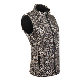 The Pure Golf Eve reversible ladies gilet for golf is insulated, winter-weight, patterned and reversible. It has been Insulated for warmth without being bulky. It has a unique animal print in wild truffle,  on one side and black on the other for versatility of wear. It has pockets on both sides and two-way zippers. The flattering quilting style and fit enhances your silhouette. The colors in this  this piece are Cappuccino,  Champagne and black.  