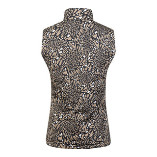 The Pure Golf Eve reversible ladies gilet for golf is insulated, winter-weight, patterned and reversible. It has been Insulated for warmth without being bulky. It has a unique animal print in wild truffle,  on one side and black on the other for versatility of wear. It has pockets on both sides and two-way zippers. The flattering quilting style and fit enhances your silhouette. The colors in this  this piece are Cappuccino,  Champagne and black.  