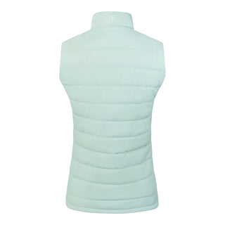 Frosted Sage Pure Golf Eve reversible ladies gilet for golf is insulated, winter-weight, patterned and reversible. It has been Insulated for warmth without being bulky. It has a unique frosted field, floral print  on one side and plain frosted sage on the other for versatility of wear. It has pockets on both sides and two-way zippers. The flattering quilting style and fit enhances your silhouette. 