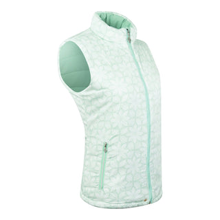 Frosted Sage Pure Golf Eve reversible ladies gilet for golf is insulated, winter-weight, patterned and reversible. It has been Insulated for warmth without being bulky. It has a unique frosted field, floral print  on one side and plain frosted sage on the other for versatility of wear. It has pockets on both sides and two-way zippers. The flattering quilting style and fit enhances your silhouette. 