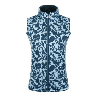 Pure Golf Eve reversible ladies gilet for golf is insulated, winter-weight, patterned and reversible. It has been Insulated for warmth without being bulky. One side features intricate Midnight Rose floral prints in navy and powder blue, while the other offers a classic plain navy option for versatility of wear. It has pockets on both sides and two-way zippers. The flattering quilting style and fit enhances your silhouette. 