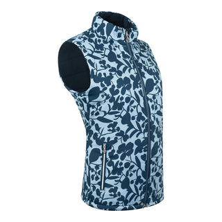 Pure Golf Eve reversible ladies gilet for golf is insulated, winter-weight, patterned and reversible. It has been Insulated for warmth without being bulky. One side features intricate Midnight Rose floral prints in navy and powder blue, while the other offers a classic plain navy option for versatility of wear. It has pockets on both sides and two-way zippers. The flattering quilting style and fit enhances your silhouette. 