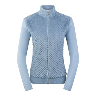 This Ladies Golf zip cardigan in Powder Blue is super soft and has been designed for ultimate comfort. It has a super soft faux fur collar and chest for style and warmth. Regular fit for a flattering silhouette