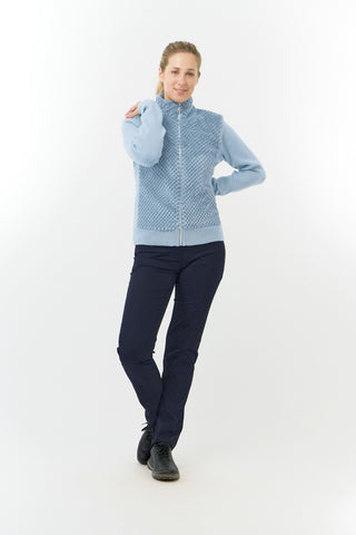 This Ladies Golf zip cardigan in Powder Blue is super soft and has been designed for ultimate comfort. It has a super soft faux fur collar and chest for style and warmth. Regular fit for a flattering silhouette