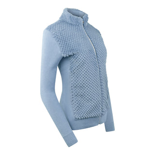 This Ladies Golf zip cardigan in Powder Blue is super soft and has been designed for ultimate comfort. It has a super soft faux fur collar and chest for style and warmth. Regular fit for a flattering silhouette