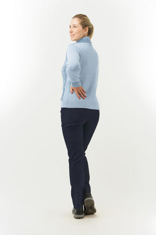 This Ladies Golf zip cardigan in Powder Blue is super soft and has been designed for ultimate comfort. It has a super soft faux fur collar and chest for style and warmth. Regular fit for a flattering silhouette