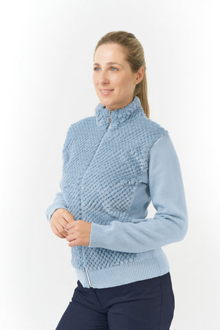 This Ladies Golf zip cardigan in Powder Blue is super soft and has been designed for ultimate comfort. It has a super soft faux fur collar and chest for style and warmth. Regular fit for a flattering silhouette