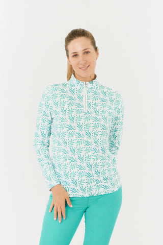 Serenity Long Sleeve Ladies Golf Zip Top - Floating Palms Ivory