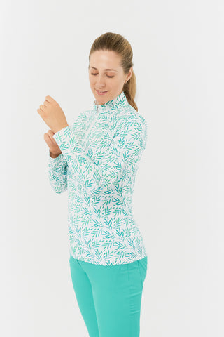 Serenity Long Sleeve Ladies Golf Zip Top - Floating Palms Ivory