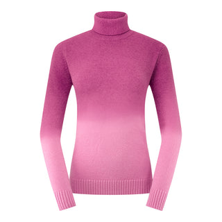 A product image of the ombre knitted ladies golf jumper going from a rich deep pink/plum colour  at the top fading to light pink at the bottom. With an additional lining for extra warmth in the body and arms. Regular fit 