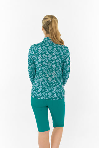Serenity Long Sleeve Ladies Golf Zip Top - Teal Frondescence