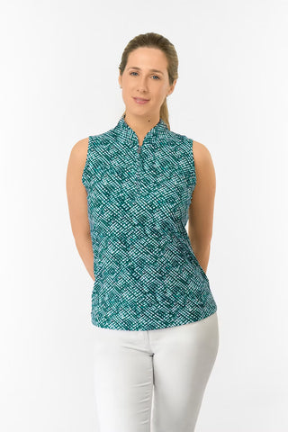 Ellen Sleeveless Ladies Polo Golf Shirt - Teal Crosshatch