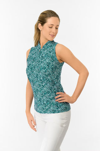 Ellen Sleeveless Ladies Polo Golf Shirt - Teal Crosshatch