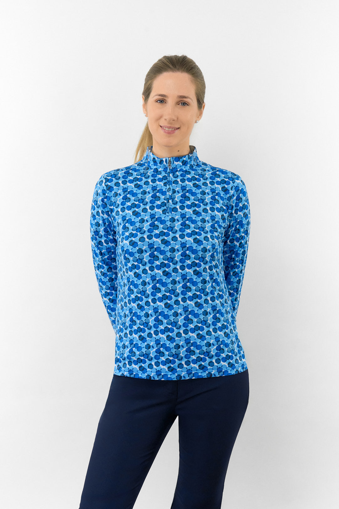 Serenity Long Sleeve Ladies Golf Zip Top - Blueberry Bokeh
