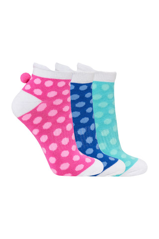 3 Pair Pack of Multi Spot Pom Pom Ladies Golf Socks - Pink, Aqua and Blue