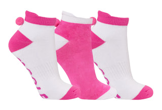 3 pair pack of ankle ladies golf socks, one pair in white with pink detail and two pairs in white with Pink heals, toe, cuff and thone e word golf along the sole. With coordinating colour pom pom on the heel to help the socks hold their position. Made from a soft, stretchy cotton blend fabric allowing breathability, with a cushioned sole and compression fit. They are suited to UK sizes between 4 and 7. 85% Cotton, 13% Polyester, 2% Elastane.