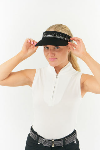 Black telephone wire ladies golf visor constructed with quick-drying fabrics. The visor comes in a one size fits all. It also features a concealed magnet  in the strong curved peak with a hand enamelled lace effect flower shaped golf ball marker. The headband features a soft lined absorbent towel and is crystal-adorned. 