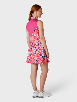 Callaway Golf Ladies Geometric Floral Print Flounce Golf Dress - Pink Peacock