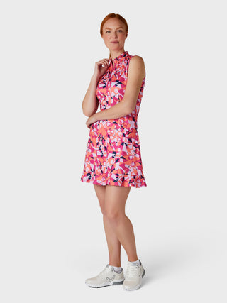 Callaway Golf Ladies Geometric Floral Print Flounce Golf Dress - Pink Peacock