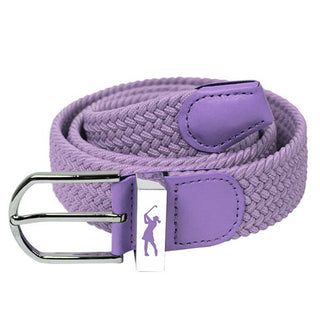 Lilac  stretch webbing Ladies Golf Belt comes with hand enamelled silver buckle with a embossed lady golfer in the belt colour . The belts have a stretch fit for comfort and will compliment or add a splash of colour to your outfit. One Size 8 -16  and 100% Cotton with PU tip.