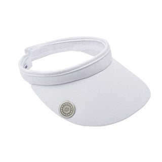 White Clip ladies golf visor constructed with quick-drying fabrics. The visor comes in a one size fits all design which clips around your head to hold it securely in place. It also features a concealed magnet  in peak with a hand enamelled lace effect golf ball marker attached, making it a lovely golf accessory, golf gift! The headband features a soft lined absorbent towel. 