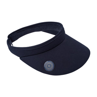 Navy Clip ladies golf visor constructed with quick-drying fabrics. The visor comes in a one size fits all design which clips around your head to hold it securely in place. It also features a concealed magnet  in peak with a hand enamelled lace effect golf ball marker attached, making it a lovely golf accessory, golf gift! The headband features a soft lined absorbent towel. 