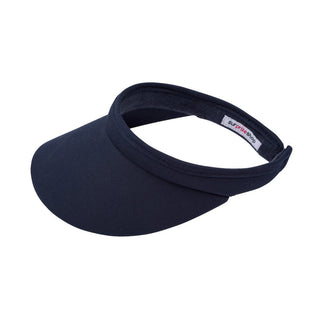 Navy Clip ladies golf visor constructed with quick-drying fabrics. The visor comes in a one size fits all design which clips around your head to hold it securely in place. It also features a concealed magnet  in peak with a hand enamelled lace effect golf ball marker attached, making it a lovely golf accessory, golf gift! The headband features a soft lined absorbent towel. 