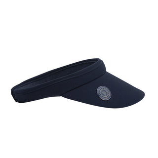 Navy Clip ladies golf visor constructed with quick-drying fabrics. The visor comes in a one size fits all design which clips around your head to hold it securely in place. It also features a concealed magnet  in peak with a hand enamelled lace effect golf ball marker attached, making it a lovely golf accessory, golf gift! The headband features a soft lined absorbent towel. 