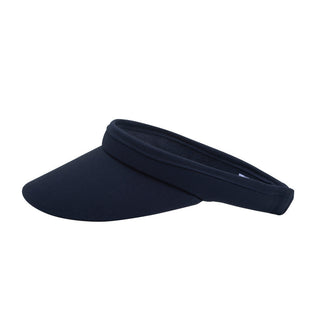 Navy Clip ladies golf visor constructed with quick-drying fabrics. The visor comes in a one size fits all design which clips around your head to hold it securely in place. It also features a concealed magnet  in peak with a hand enamelled lace effect golf ball marker attached, making it a lovely golf accessory, golf gift! The headband features a soft lined absorbent towel. 