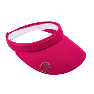 Hot Pink Clip ladies golf visor constructed with quick-drying fabrics. The visor comes in a one size fits all design which clips around your head to hold it securely in place. It also features a concealed magnet  in peak with a hand enamelled lace effect golf ball marker attached, making it a lovely golf accessory, golf gift! The headband features a soft lined absorbent towel. 