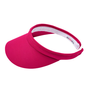 Hot Pink Clip ladies golf visor constructed with quick-drying fabrics. The visor comes in a one size fits all design which clips around your head to hold it securely in place. It also features a concealed magnet  in peak with a hand enamelled lace effect golf ball marker attached, making it a lovely golf accessory, golf gift! The headband features a soft lined absorbent towel. 