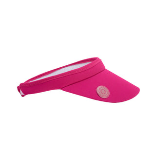 Hot Pink Clip ladies golf visor constructed with quick-drying fabrics. The visor comes in a one size fits all design which clips around your head to hold it securely in place. It also features a concealed magnet  in peak with a hand enamelled lace effect golf ball marker attached, making it a lovely golf accessory, golf gift! The headband features a soft lined absorbent towel. 