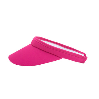 Hot Pink Clip ladies golf visor constructed with quick-drying fabrics. The visor comes in a one size fits all design which clips around your head to hold it securely in place. It also features a concealed magnet  in peak with a hand enamelled lace effect golf ball marker attached, making it a lovely golf accessory, golf gift! The headband features a soft lined absorbent towel. 