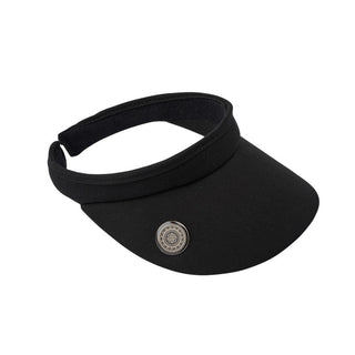 Black Clip ladies golf visor constructed with quick-drying fabrics. The visor comes in a one size fits all design which clips around your head to hold it securely in place. It also features a concealed magnet  in peak with a hand enamelled lace effect golf ball marker attached, making it a lovely golf accessory, golf gift! The headband features a soft lined absorbent towel. 