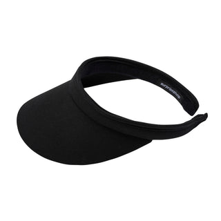 Black Clip ladies golf visor constructed with quick-drying fabrics. The visor comes in a one size fits all design which clips around your head to hold it securely in place. It also features a concealed magnet  in peak with a hand enamelled lace effect golf ball marker attached, making it a lovely golf accessory, golf gift! The headband features a soft lined absorbent towel. 