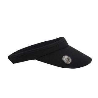 Black Clip ladies golf visor constructed with quick-drying fabrics. The visor comes in a one size fits all design which clips around your head to hold it securely in place. It also features a concealed magnet  in peak with a hand enamelled lace effect golf ball marker attached, making it a lovely golf accessory, golf gift! The headband features a soft lined absorbent towel. 