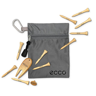 Grey, small bag which contains Tees, a pitch repair marker and a ball marker, all made out of sustainable materials. Tee bag is made from robust material and can be attached to all golf bags via its own carabiner clip