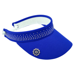 Navy telephone wire crystal ladies golf visor constructed with quick-drying fabrics. The visor comes in a one size fits all. It also features a concealed magnet  in the strong curved peak with a hand enameled lace effect flower shaped golf ball marker. The headband features a soft lined absorbent towel and is crystal-adorned. 