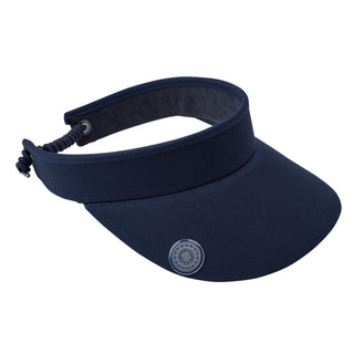 Navy ladies golf visor constructed with quick-drying fabrics. The visor comes in a one size fits all design with an elasticated cord at the rear to hold it securely in place. It also features a concealed magnet  in peak with a hand enamelled lace golf ball marker attached, making it a lovely golf accessory, golf gift! The headband features a soft lined absorbent towel. 